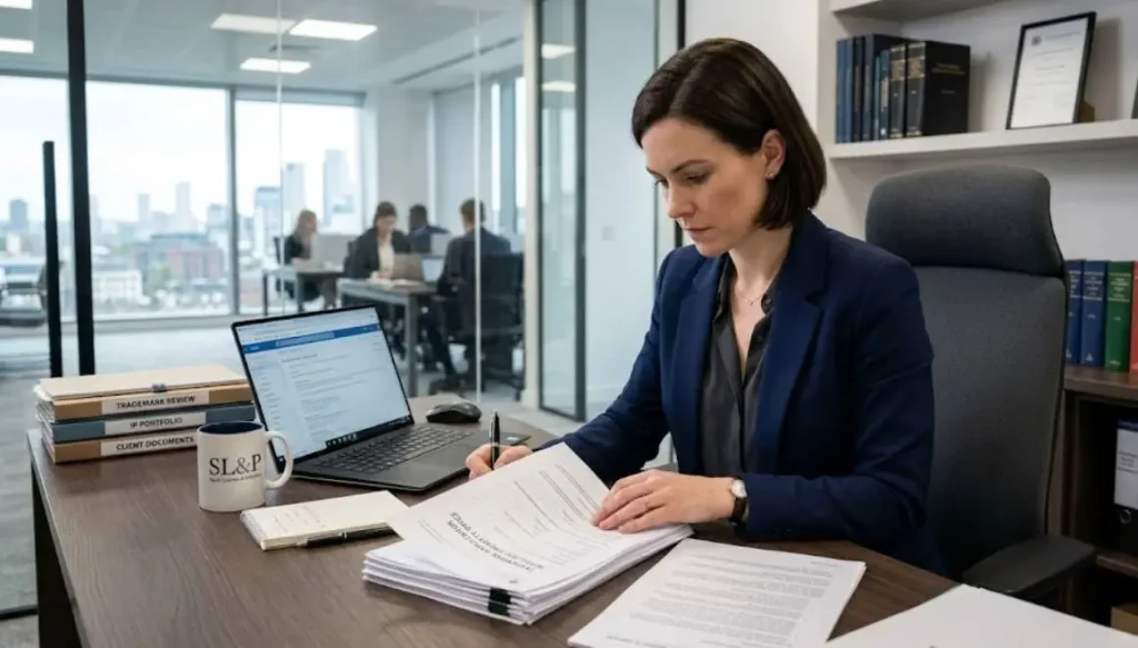 lawyer signing documents in office