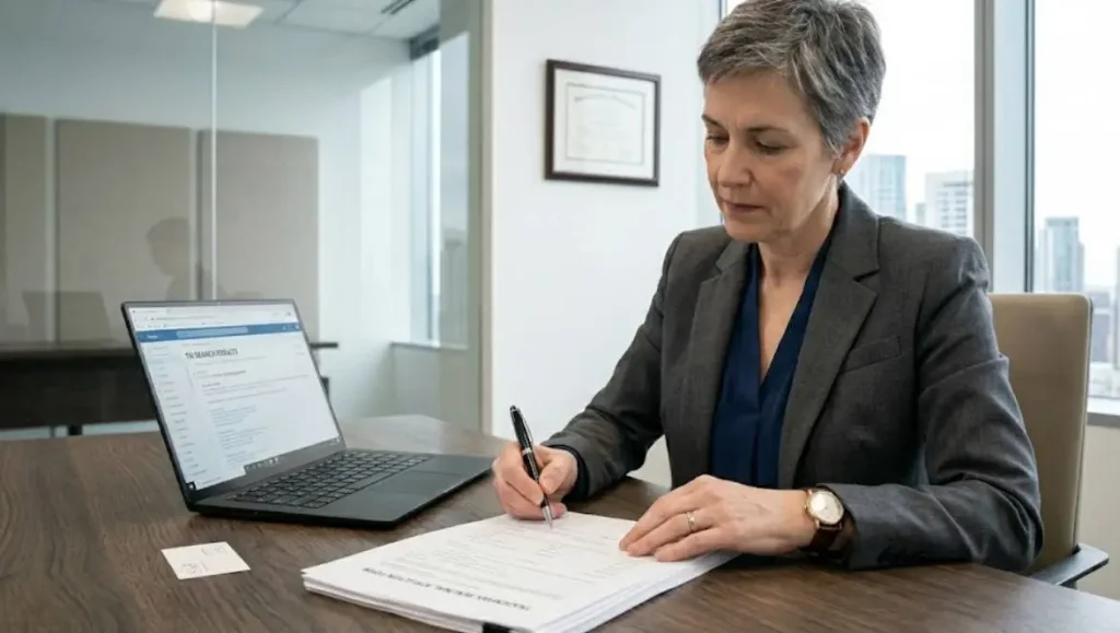 woman signing documents in office