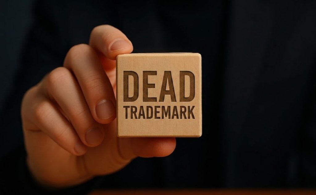 Dead trademark stamp held in hand