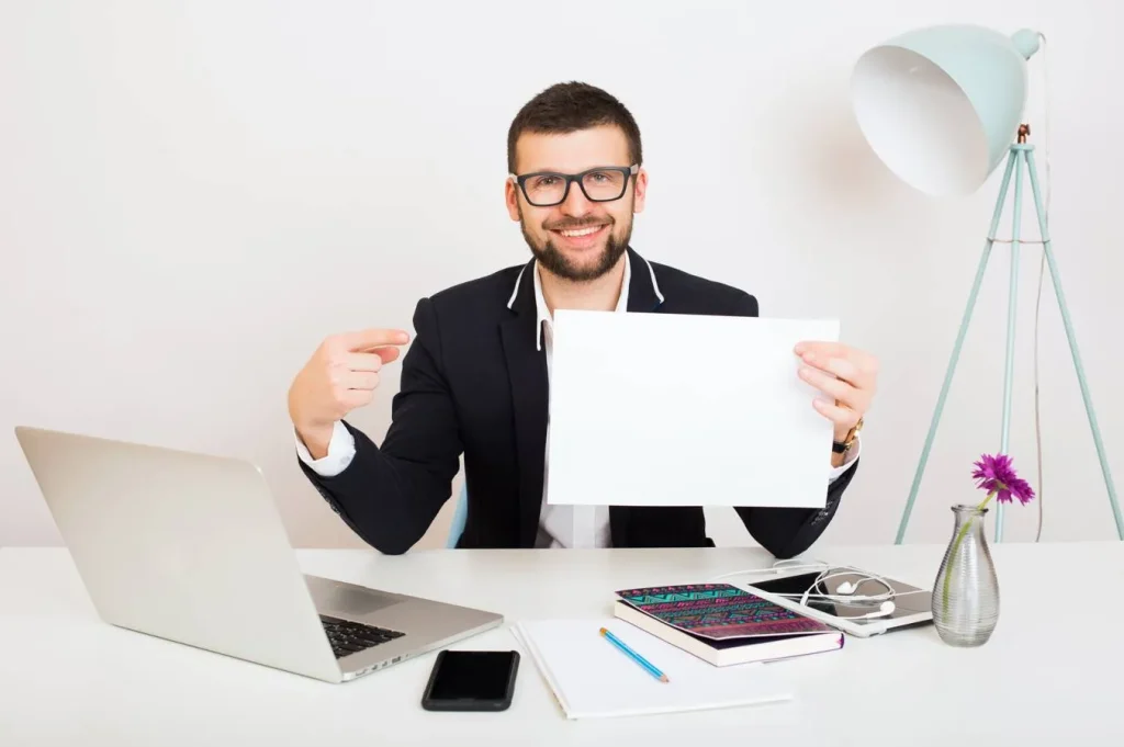 Business professional presenting successful company branding solutions