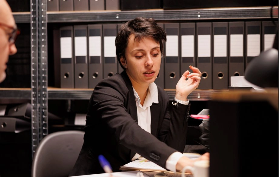 Businesswoman discussing trademark protection during legal court proceedings